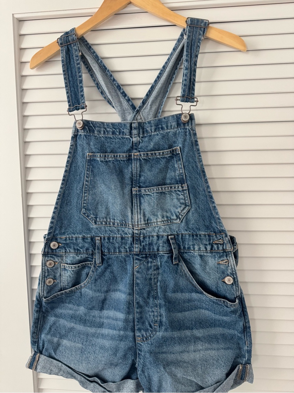 Free People Vintage Wash Denim Short Overalls - Blue